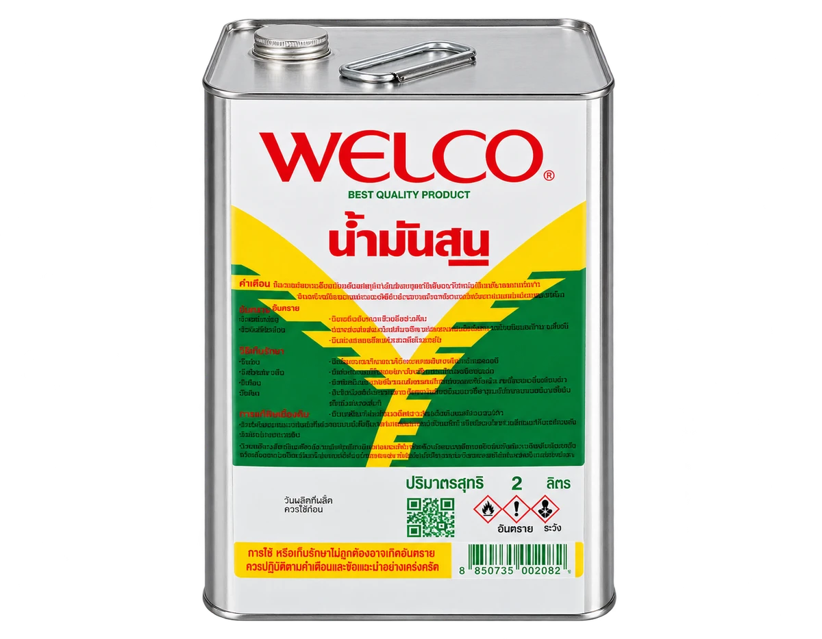 กระป๋องน้ำมันสน WELCO ฉลากสีเขียวและเหลือง